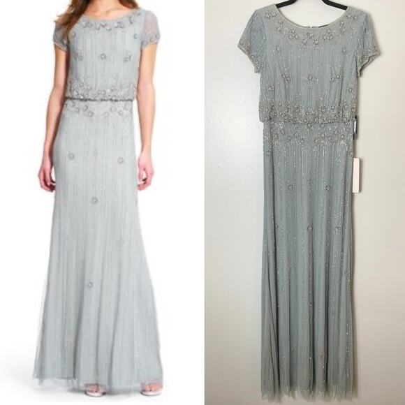 NWT ADRIANNA PAPELL DRESS 6 GOWN SILVER BEADED SEQUIN FLORAL BLOUSON LONG MAXI - Picture 1 of 15
